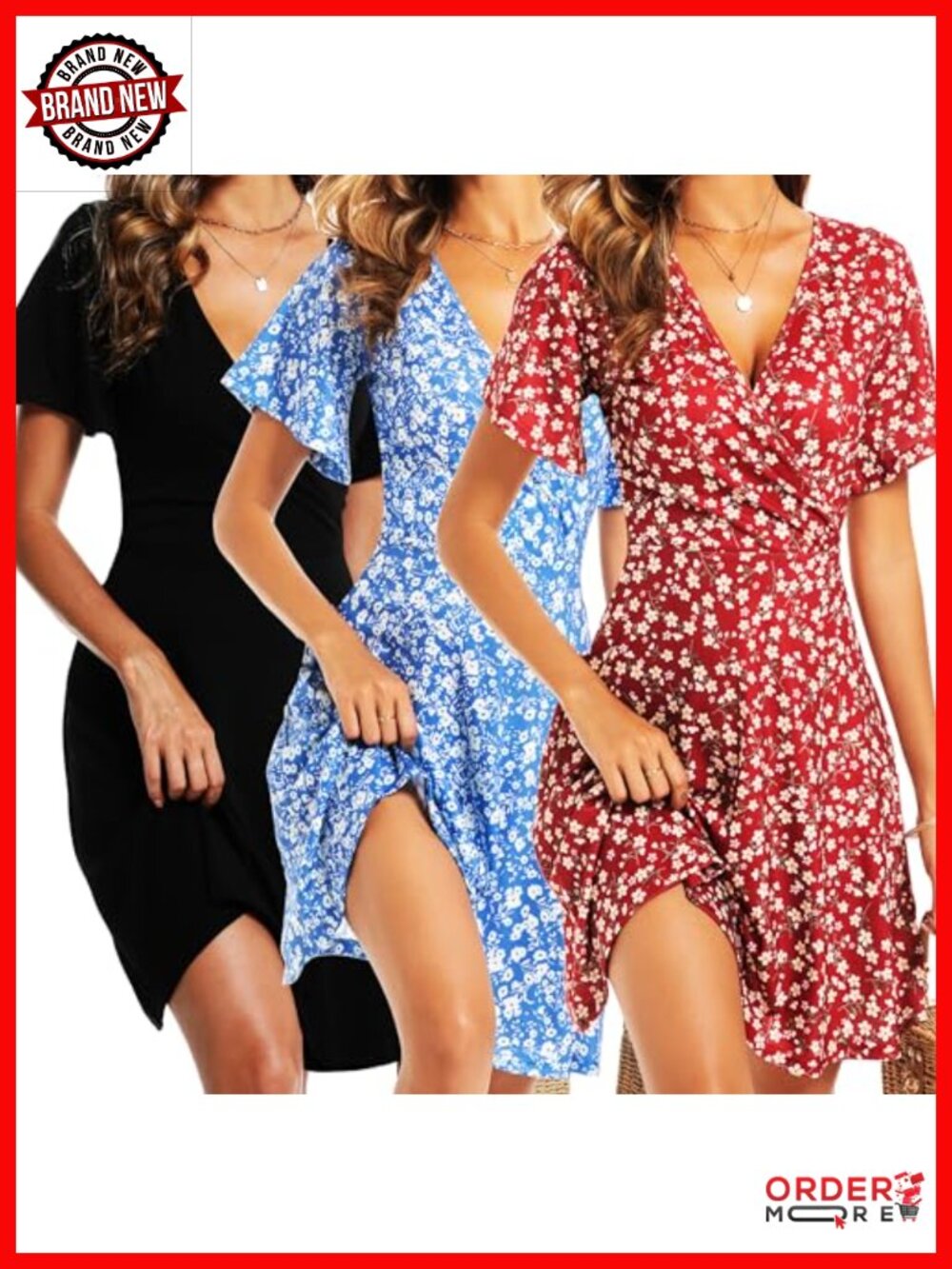 3 Pack Wrap V Neck Short Sleeve A-Line Midi Dress Floral Bohemian Sundress